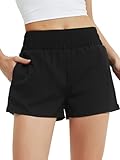 Soudittur Badeshorts Damen Badehose Hohe Taille Schnell Trocknende Boardshorts Wassersport 2 in 1 Laufhose Kurz Sporthose mit Reißverschlusstasche (M, Schwarz)