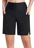 BALEAF Badeshorts Damen Lang Knielang Schnelltrocknend Badehose UV Schutz UPF 50+ Schwimmhose Hohe Taille Boardshorts mit Innenslip und Taschen Schwarz M