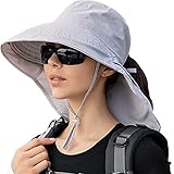 MAKFORT Sonnenhut Damen Outdoor Sommer Breiter Krempe UV Schutz Hut wasserabweisend mit großem Nackenschutz Pferdeschwanz Strandhut