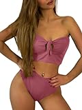 ZAFUL Ribbed High Cut Surplice Einfarbig Tankini Badeanzug(S,Rosa)