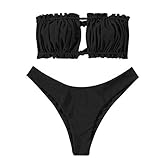 ZAFUL Damen Bikini Set, schulterfrei Bandeau mit Kordelzug & Rüschen High Cut Einfarbig Bademode (A-Schwarz,S)