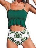 CUPSHE Smocked Grün und Monstera High Waist Bikini, Grün Weiß, S