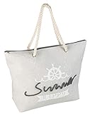 Strandtasche aus Canvas mit Reißverschluss, Happy Summer grau, ca. 52 x 38 x 13 cm, ideal als Shopper, Schultertasche, für Urlaub, Strand und Picknick