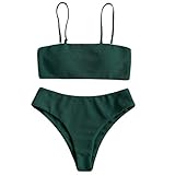 ZAFUL Damen Bikini Set, Texture Bandeau Bikini Set mit Gepolsterter High Cut Sexy Badeanzug (Grün-S)