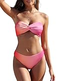 ZAFUL Damen trägerloser Twist-Bandeau-Bikini, 2-teilige Badebekleidung, freche, solide Badeanzüge mit Schnürung (0-Purple Gradient, M)