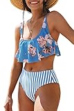CUPSHE Damen Bikini Set U Ausschnitt Tank Bikini Bademode Rüschen High Waist Zweiteiliger Badeanzug Swimsuit Blau M