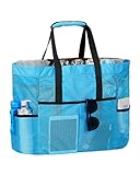 LIVACASA Strandtasche Mesh Extra Gross Meshtasche Faltbar mit Reißverschluss Familie Shopper Vielfäche Umhängetasche Netztasche Weiche Tragetasche Picknicktasche für Sandspielzeug Einkauf Blau